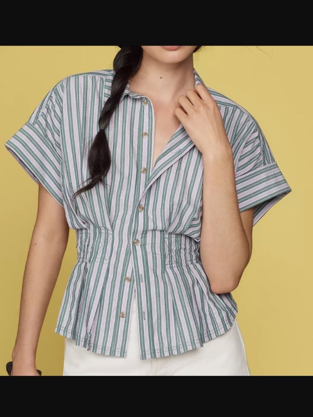 Anthropologie Pilcro button down, green and white and purple striped, size S